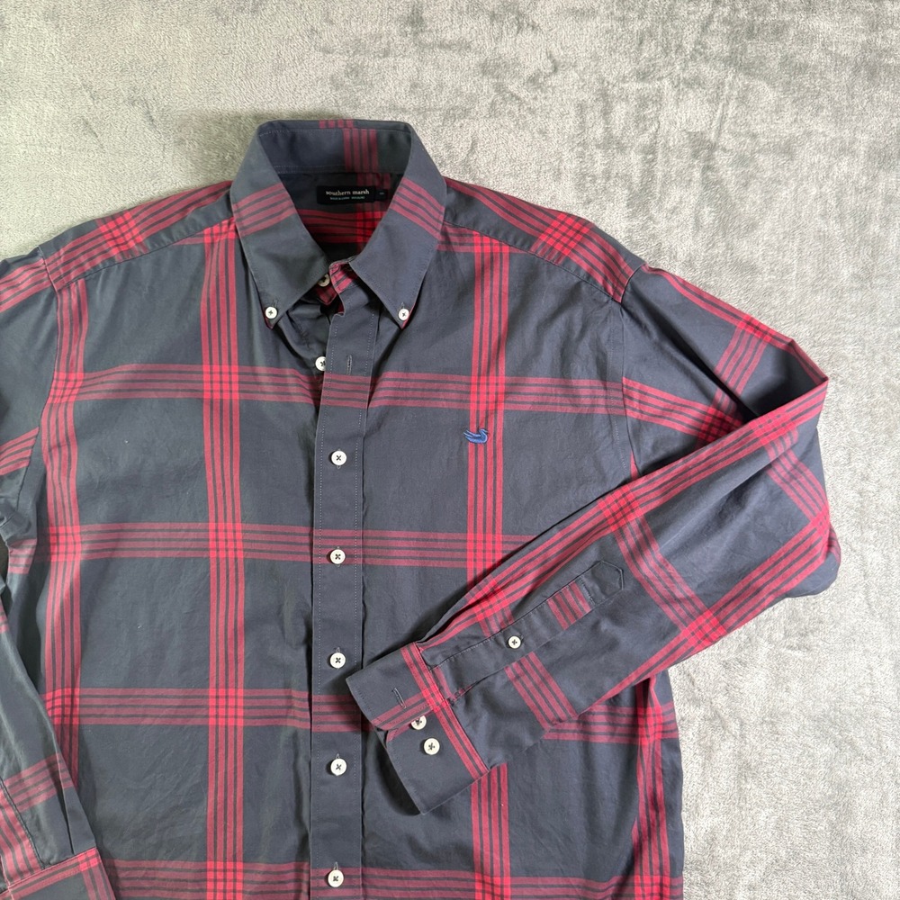 Southern Marsh Mens Button Down Shirt Plaid Gray Red Long Sleeve Casual